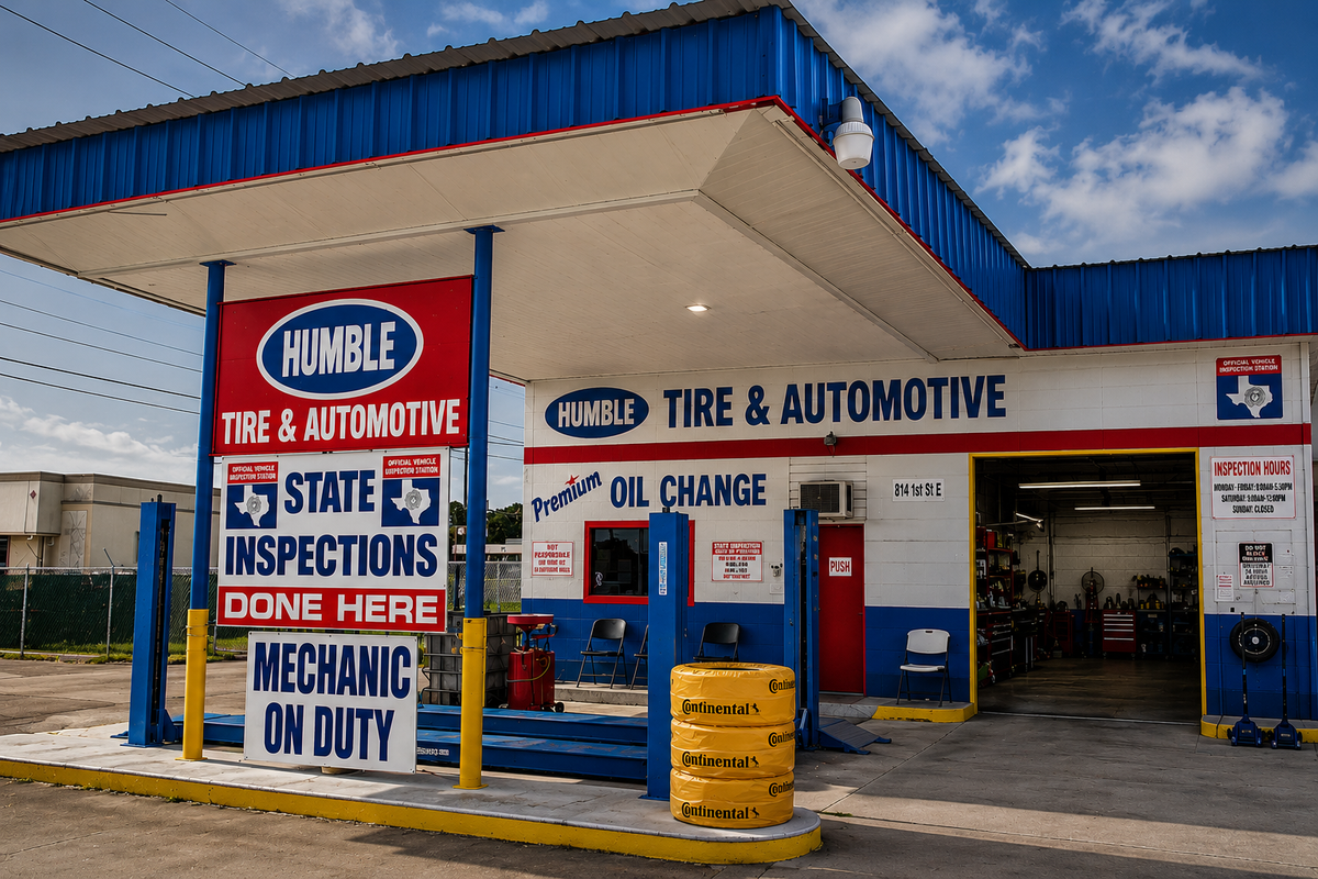 Humble Tire & Automotive storefront — 814 1st St E, Humble, TX. State inspections, oil changes, tires, and mechanic services.